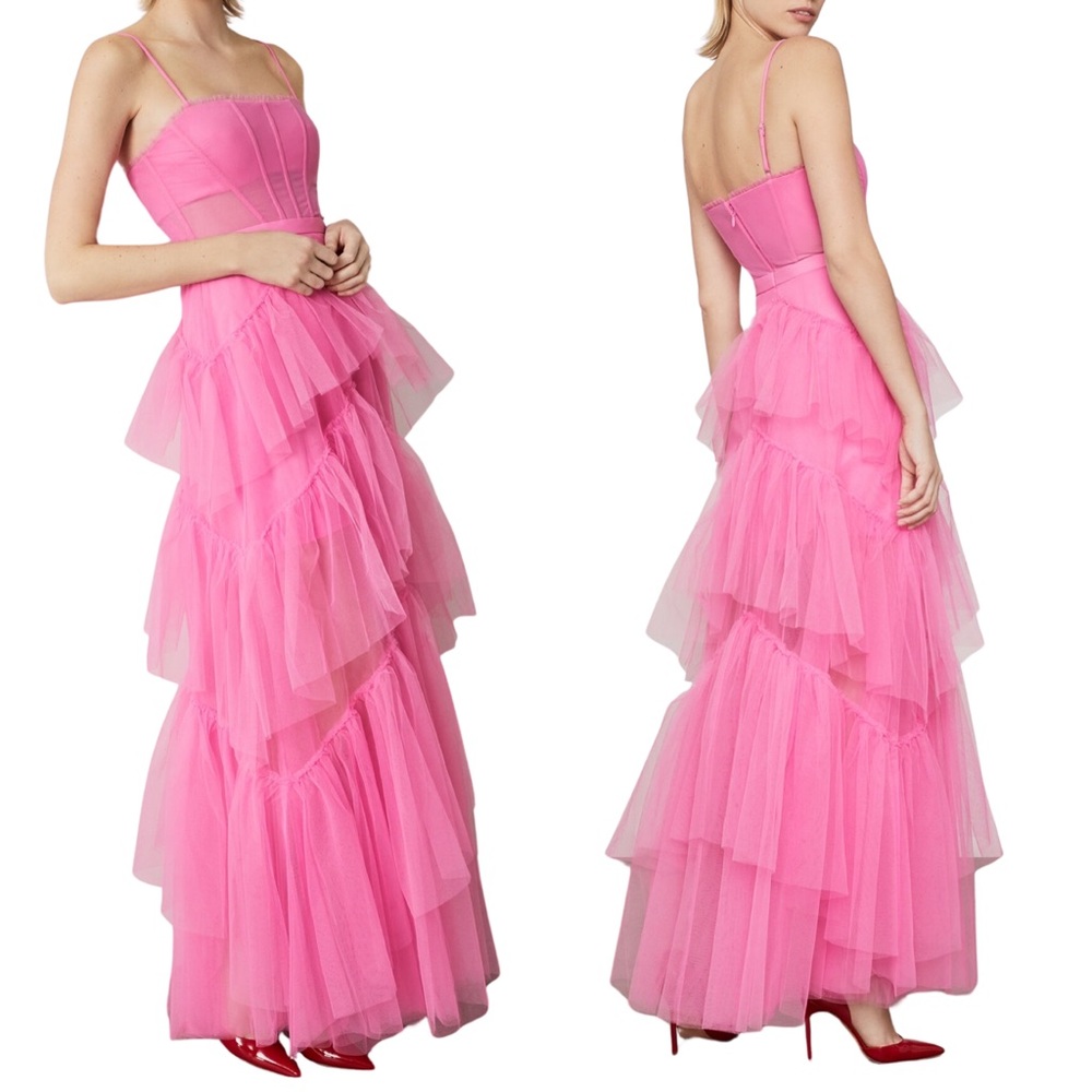 BCBGMAXAZRIA OLY Tiered Ruffle Tulle Gown flamingo pink size 4